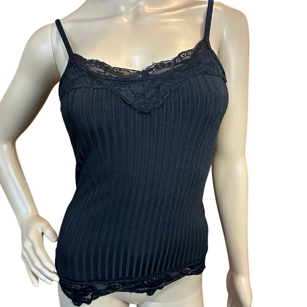 Vtg Y2K Rib Knit Tank Top Cami Crop Baby Tee Black Lace Trim 90s Fairy Grunge XS